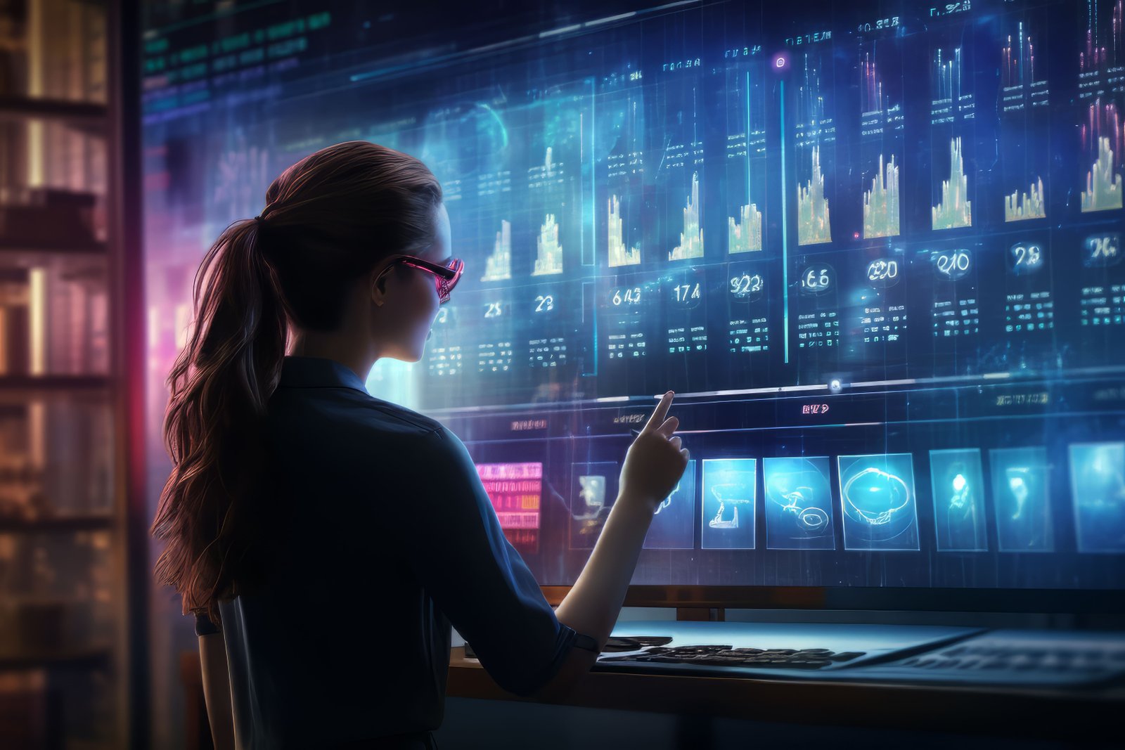 Woman presenting data dashboard on large screen