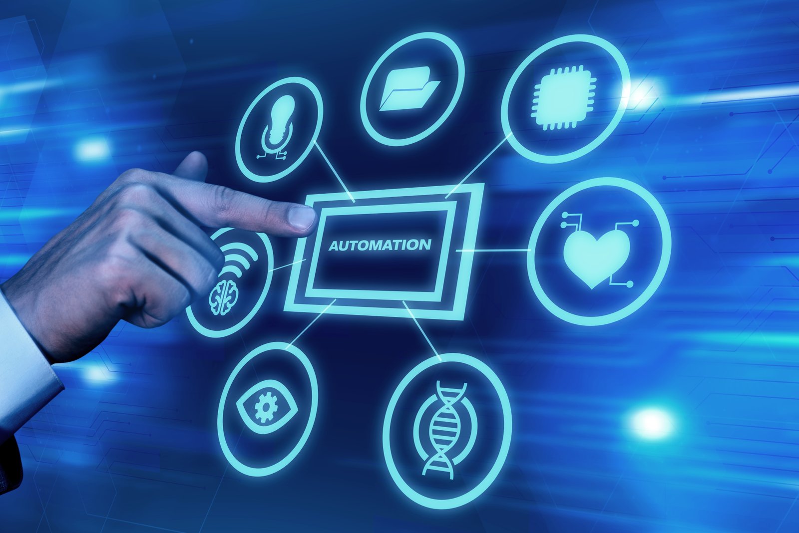 Hand interacting with RPA automation interface